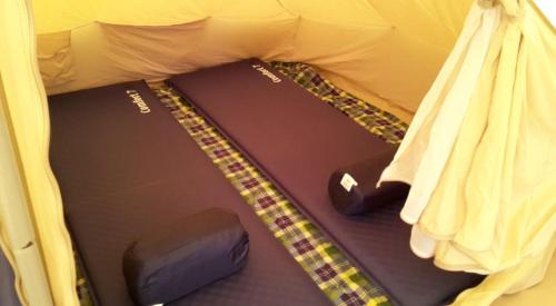 a bed in the back of a tent at Ameland Tentenverhuur in Nes