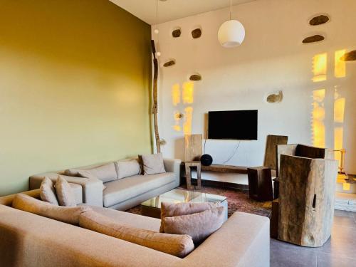 a living room with two couches and a flat screen tv at A la folie des vosges in Fraize