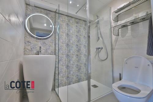 La salle de bains est pourvue de toilettes et d'une douche avec un miroir. dans l'établissement T2 Le Rouet Plage, à Carry-le-Rouet