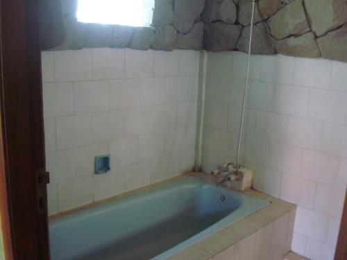 a bathroom with a blue bath tub with white tiles at Gusti Home Stay Ubud in Ubud