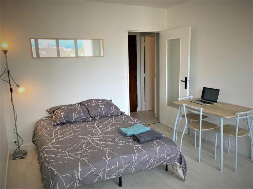 une chambre avec un lit et un bureau avec un ordinateur portable dans l'établissement Appartement double 13 à Limoges, à Limoges