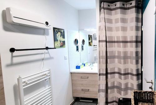une salle de bain avec un rideau de douche et un lavabo dans l'établissement ESPRIT BASSIN near train station - Cosy - 2 guests, au Teich