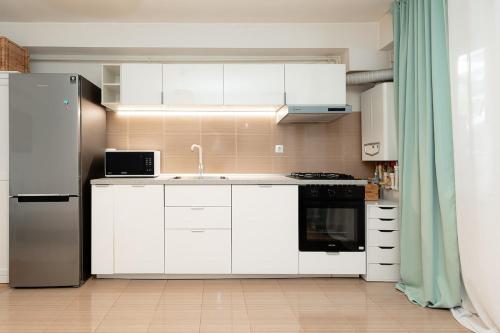 une cuisine avec des armoires blanches et un réfrigérateur en acier inoxydable dans l'établissement The Shiny Apple, à Dobroeşti