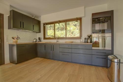 a large kitchen with blue cabinets and a window at Villa de la Source in Arcachon