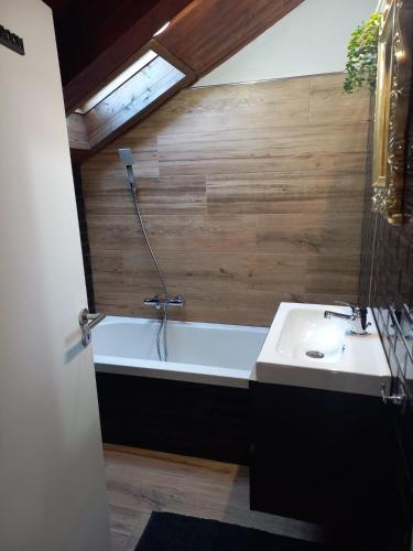 a bathroom with a bath tub and a sink at vinga holiday's house in Imperia
