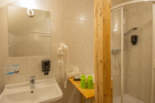 a bathroom with a sink and a shower and a phone at Ferien Residenz Thüringer Wald in Masserberg