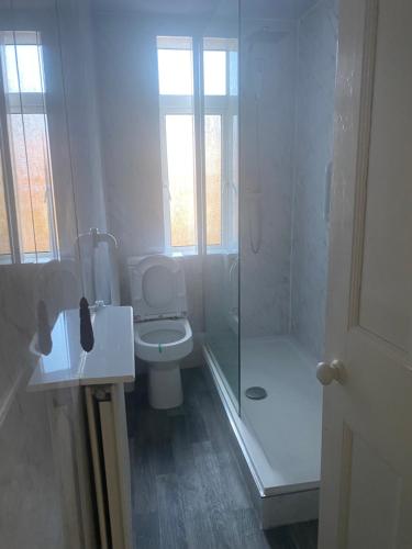 ボルトンにあるOlivetem Comfort Houseのトイレとシャワー付きの白いバスルーム