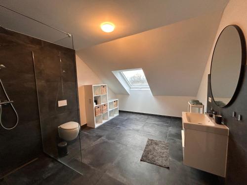 une salle de bains avec douche, toilettes et lavabo dans l'établissement Ludwig1, à Kindsbach