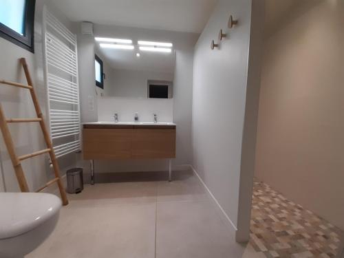une salle de bain avec un lavabo et un miroir dans l'établissement Belle Villa moderne 6 chambres et piscine chauffée- au Moulleau, à Arcachon