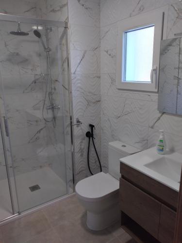 a bathroom with a shower and a toilet and a sink at Boutique Algarrobo in Denia