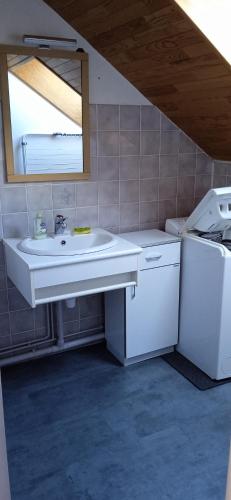 une salle de bain avec un lavabo et un réfrigérateur dans l'établissement Appartement vue sur la Baie de Somme - Magnifique terrasse, au Crotoy