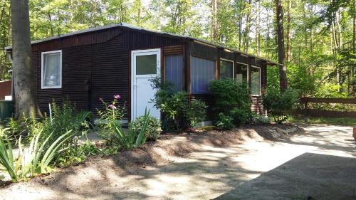 a small cabin with a white door in the woods at Bungalowdorf Briesensee in Neu Zauche