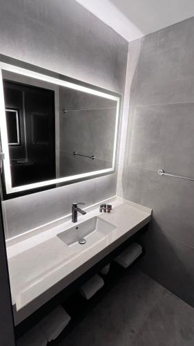 a bathroom with a sink and a large mirror at AYDINBEY PARK OTEL in Konya