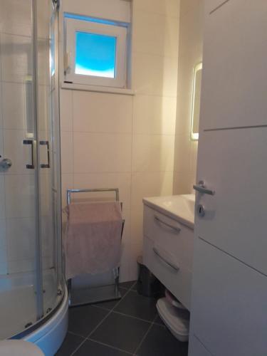 a bathroom with a shower and a toilet and a sink at Apartman Novalja - Put Lokvice in Novalja