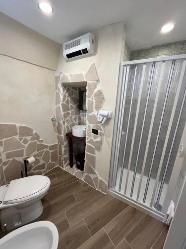 a bathroom with a stone shower and a toilet at Family in Massafra