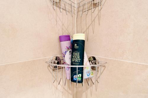 a rack with two hair products on a wall at Graz central Penthouse Style Apt in Graz