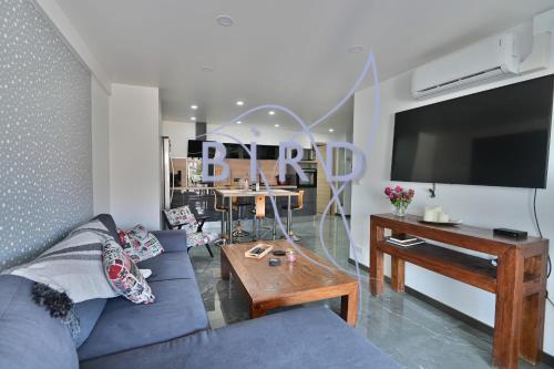 un salon avec un canapé bleu et une télévision à écran plat dans l'établissement Beautiful apartment in the heart of Cannes' little Juas, à Cannes