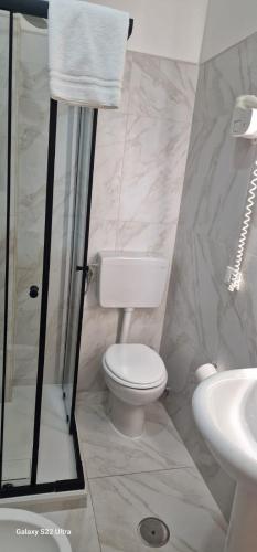 a bathroom with a shower and a toilet and a sink at Hotel Chopin in Fiumicino