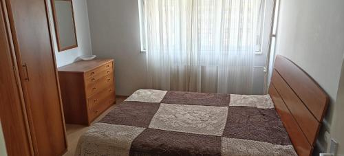 スコピエにあるCALLA 3 Apartment-Main Square,in the City Shooping Center - PARKING SLOT WITH SECURITI AND VIDEO CAMERAのベッドとドレッサーと窓のある寝室