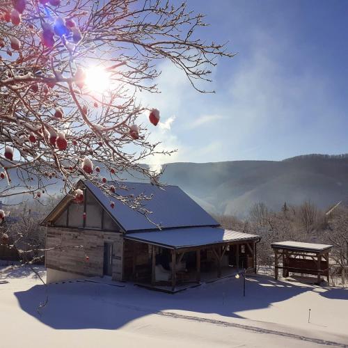 a cabin with a blue roof in the snow at Vila Harmónia in Lúčka