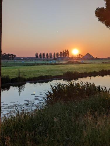a sunset over a field with a pond at Volendam in Volendam