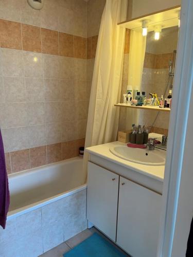 une salle de bain avec un lavabo, une baignoire et un miroir dans l'établissement The squadra with swimming pool, à Frontignan