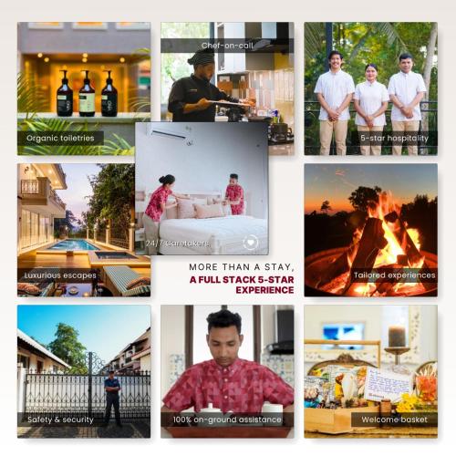 a collage of pictures of people and a movie at Alaya Stays Raga 2BHK Farmstay with an entertainment lounge in Sohna