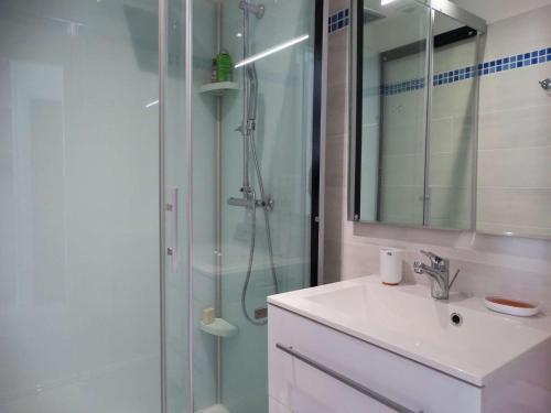 une salle de bain avec une douche en verre et un lavabo dans l'établissement Baigneur Saint Gilles Croix de Vie, à Saint-Gilles-Croix-de-Vie