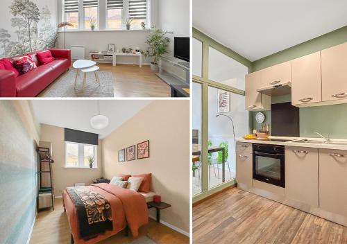 trois photos d'une cuisine et d'un salon dans l'établissement Lumineux & Cosy, Hyper Centre Metz, à Metz