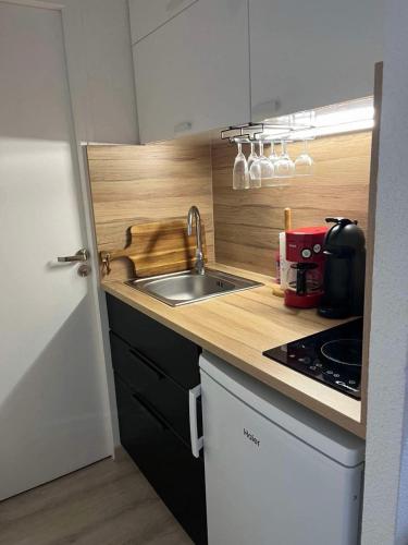 une petite cuisine avec un évier et une cuisinière dans l'établissement Appartement La Bresse, à La Bresse