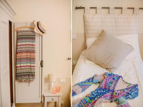 two pictures of a bedroom with a bed and a mirror at PELACA' Resort in Gargnano