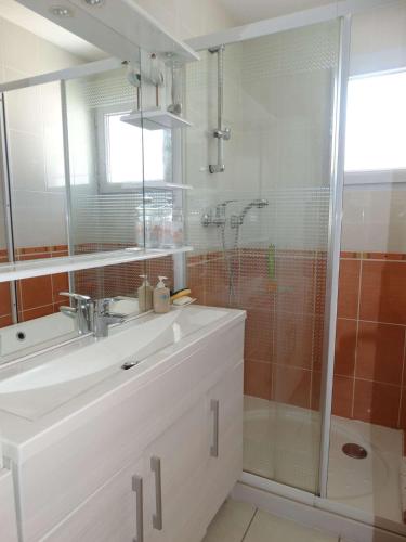 une salle de bain avec un lavabo blanc et une douche dans l'établissement La Grénette Saint Gilles Croix de Vie, à Saint-Gilles-Croix-de-Vie