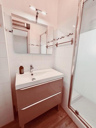 une salle de bain avec un lavabo et une douche dans l'établissement T3 Paisible très proche plage, à Canet