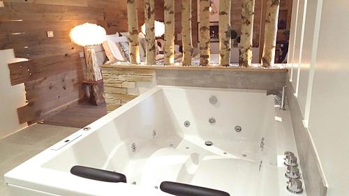 a white bath tub in a room with a wooden wall at Les Granges d'Haillancourt in Ivry-le-Temple