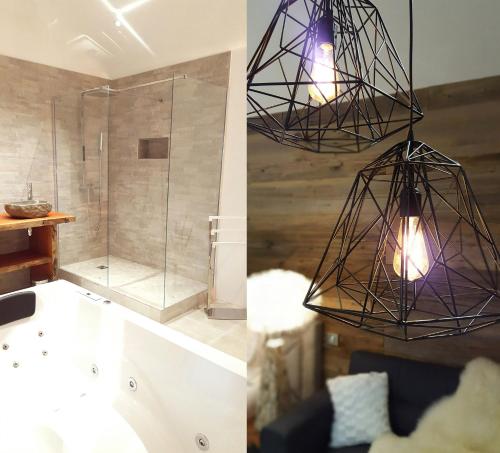 a bathroom with a shower and a pendant light at Les Granges d'Haillancourt in Ivry-le-Temple