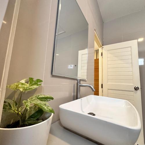 a bathroom with a white sink and a potted plant at Victoria Poolvilla Pattaya by Chon in Nong Prue