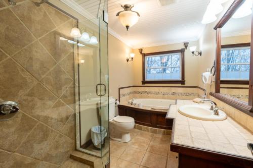 a bathroom with a shower and a toilet and a sink at Blue Water Acres in Huntsville