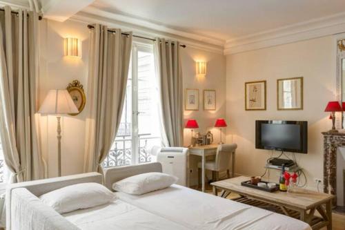 une chambre d'hôtel avec un lit et une télévision dans l'établissement brouilly apartment one block from Eiffel Tower, à Paris