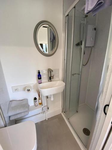 a bathroom with a shower and a sink and a mirror at The Motor House in Worthing