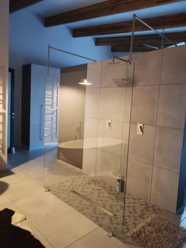 a bathroom with a glass shower with a tub at 69 Lagoon House in Marina Beach