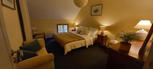 une chambre d'hôtel avec un lit et une chaise dans l'établissement La Némerie, à Vivoin