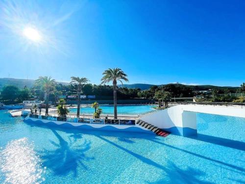 a large swimming pool with palm trees in the background at Quinta do Castanheiro in Castanheira de Pêra