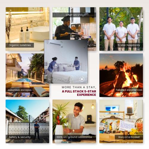 a collage of pictures of different people and words at ELIVAAS House of Neptune - 3 BHK Cottage with Terrace & Gazebo on the Beach in Morjim