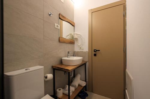 a bathroom with a sink and a toilet and a mirror at N'konak Guesthouse in Pukë