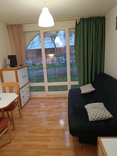 un salon avec un lit et une grande fenêtre dans l'établissement Studio 19m2 rez-de-chaussé, à Lamalou-les-Bains