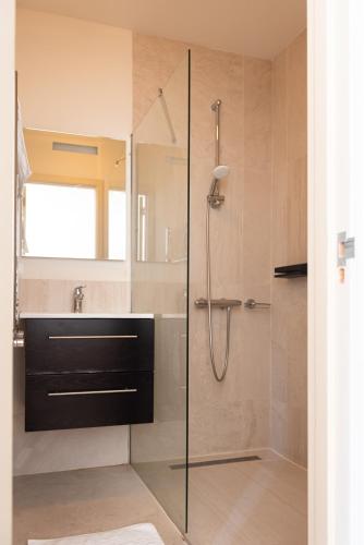 a bathroom with a shower with a glass door at Historic Canal House Apartment in Amsterdam