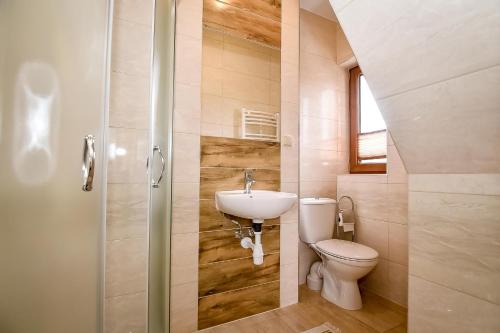 a bathroom with a toilet and a sink and a shower at U Pawlikowskich in Poronin