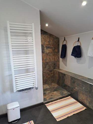 La salle de bains est pourvue d'une douche à l'italienne à côté d'une fenêtre. dans l'établissement Mamienan, à Bertholène