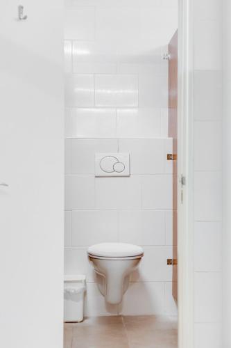 a white bathroom with a toilet in a room at Finse Kota's Schotererf in Kuinre