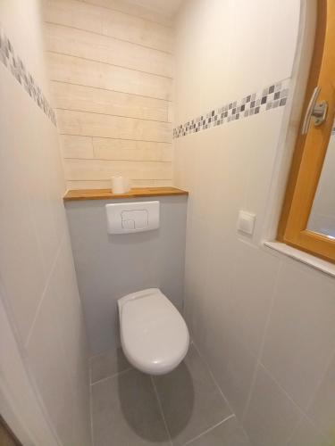 une salle de bain avec des toilettes blanches dans une chambre dans l'établissement Maison en bois, à Sulniac